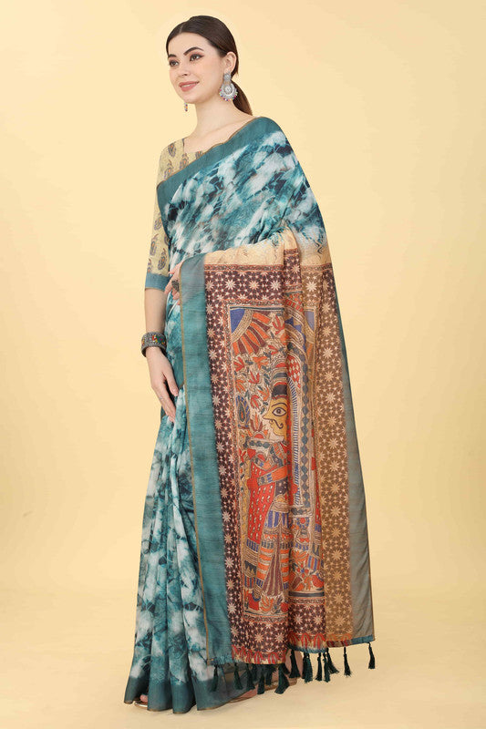 Blue Cotton Blend Printed Kalamkari Saree with Unstitched Blouse - Hiral Fashion | Grocsy