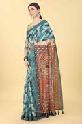 Blue Cotton Blend Printed Kalamkari Saree with Unstitched Blouse - Hiral Fashion | Grocsy