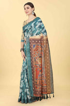 Blue Cotton Blend Printed Kalamkari Saree with Unstitched Blouse - Hiral Fashion | Grocsy