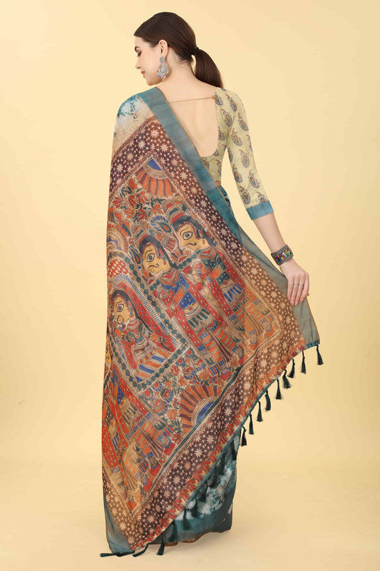 Blue Cotton Blend Printed Kalamkari Saree with Unstitched Blouse - Hiral Fashion | Grocsy