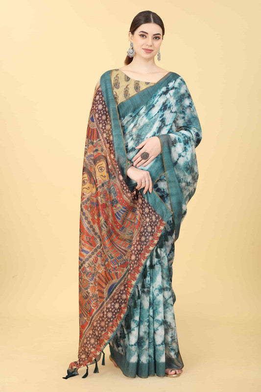 Blue Cotton Blend Printed Kalamkari Saree with Unstitched Blouse - Hiral Fashion | Grocsy