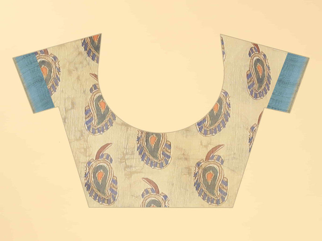 Blue Cotton Blend Printed Kalamkari Saree with Unstitched Blouse - Hiral Fashion | Grocsy
