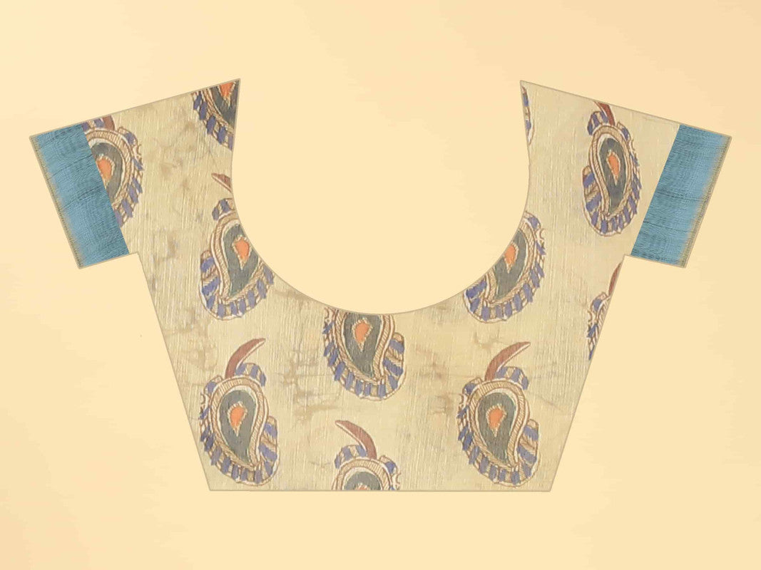 Blue Cotton Blend Printed Kalamkari Saree with Unstitched Blouse - Hiral Fashion | Grocsy