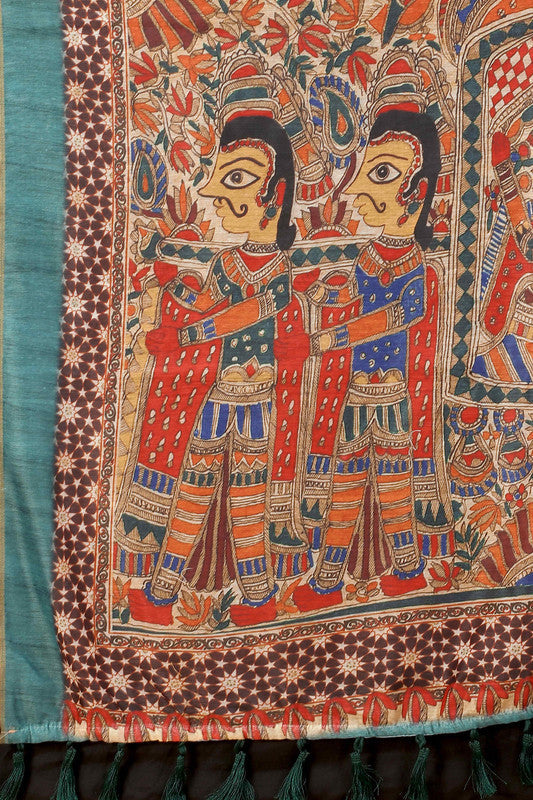 Blue Cotton Blend Printed Kalamkari Saree with Unstitched Blouse - Hiral Fashion | Grocsy