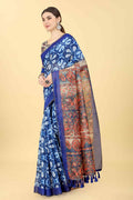 Blue Cotton Blend Printed Kalamkari Saree with Unstitched Blouse - Hiral Fashion | Grocsy
