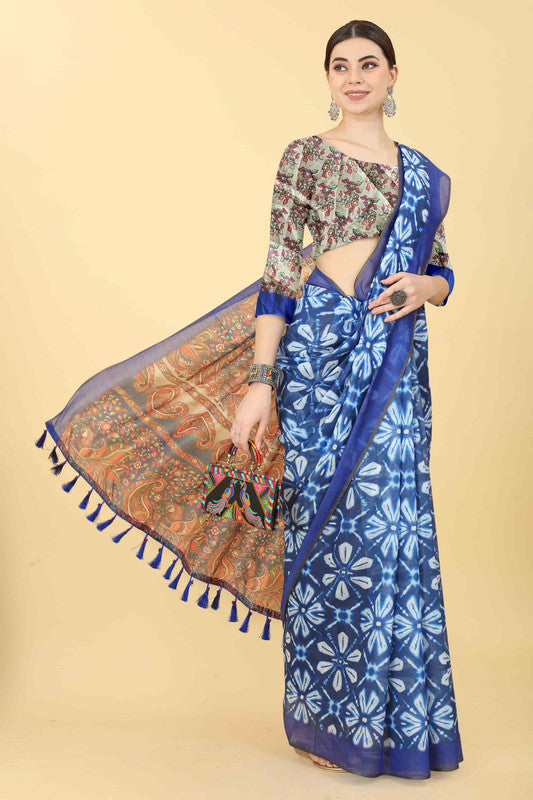 Blue Cotton Blend Printed Kalamkari Saree with Unstitched Blouse - Hiral Fashion | Grocsy