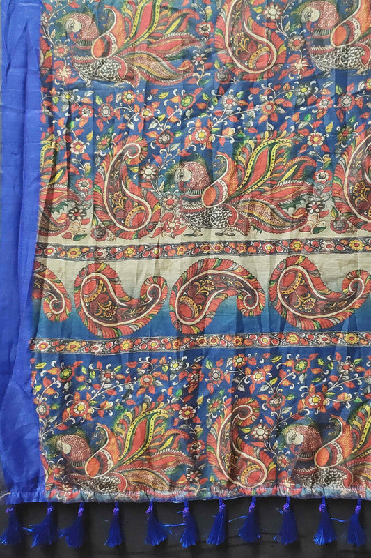 Blue Cotton Blend Printed Kalamkari Saree with Unstitched Blouse - Hiral Fashion | Grocsy