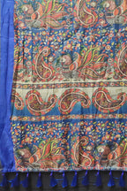 Blue Cotton Blend Printed Kalamkari Saree with Unstitched Blouse - Hiral Fashion | Grocsy