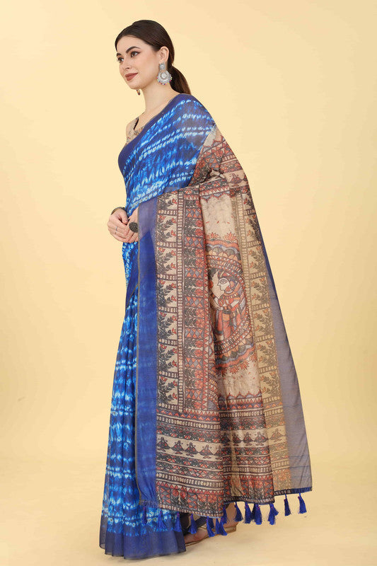 Blue Cotton Blend Printed Kalamkari Saree with Unstitched Blouse - Hiral Fashion | Grocsy