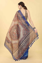 Blue Cotton Blend Printed Kalamkari Saree with Unstitched Blouse - Hiral Fashion | Grocsy