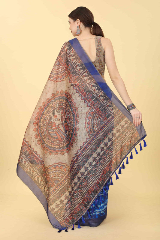 Blue Cotton Blend Printed Kalamkari Saree with Unstitched Blouse - Hiral Fashion | Grocsy