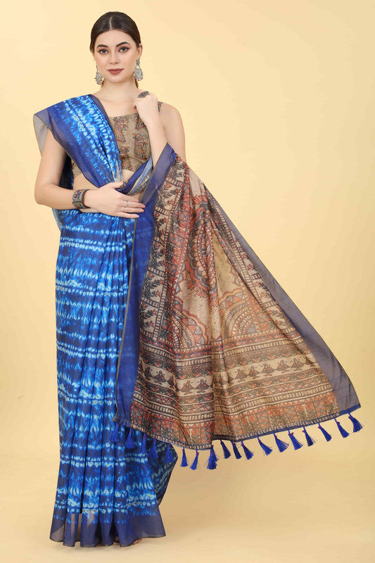 Blue Cotton Blend Printed Kalamkari Saree with Unstitched Blouse - Hiral Fashion | Grocsy