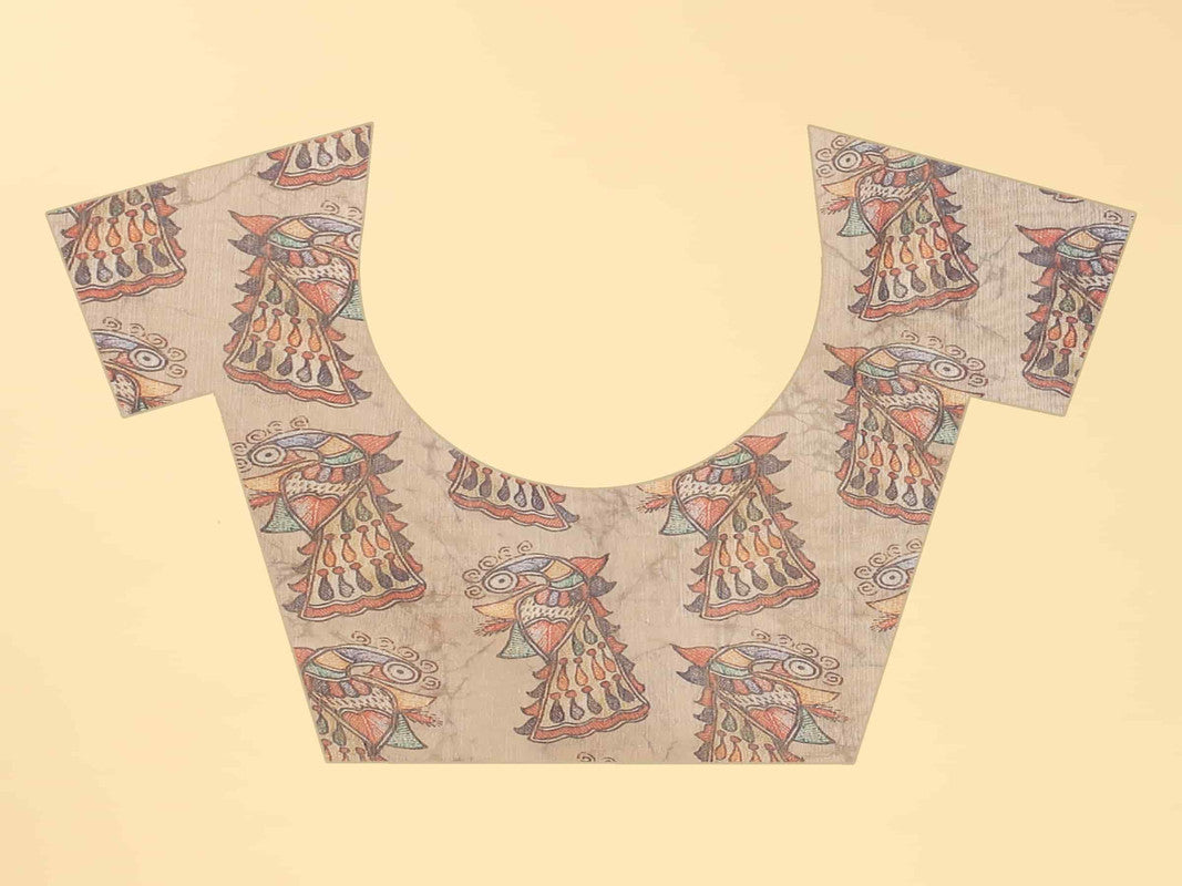 Blue Cotton Blend Printed Kalamkari Saree with Unstitched Blouse - Hiral Fashion | Grocsy