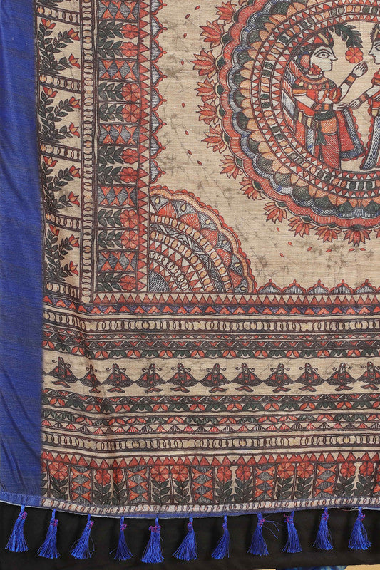 Blue Cotton Blend Printed Kalamkari Saree with Unstitched Blouse - Hiral Fashion | Grocsy