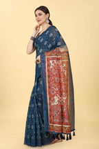 Blue Cotton Blend Printed Kalamkari Saree with Unstitched Blouse - Hiral Fashion | Grocsy