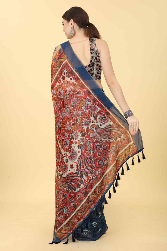 Blue Cotton Blend Printed Kalamkari Saree with Unstitched Blouse - Hiral Fashion | Grocsy