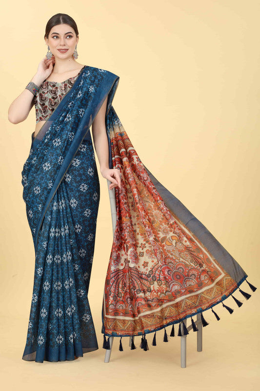 Blue Cotton Blend Printed Kalamkari Saree with Unstitched Blouse - Hiral Fashion | Grocsy