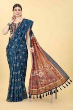 Blue Cotton Blend Printed Kalamkari Saree with Unstitched Blouse - Hiral Fashion | Grocsy