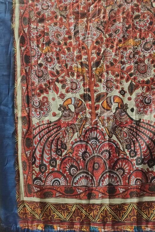 Blue Cotton Blend Printed Kalamkari Saree with Unstitched Blouse - Hiral Fashion | Grocsy