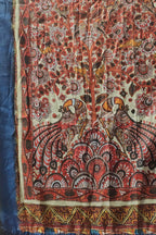 Blue Cotton Blend Printed Kalamkari Saree with Unstitched Blouse - Hiral Fashion | Grocsy