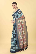 Blue Cotton Blend Printed Kalamkari Saree with Unstitched Blouse - Hiral Fashion | Grocsy