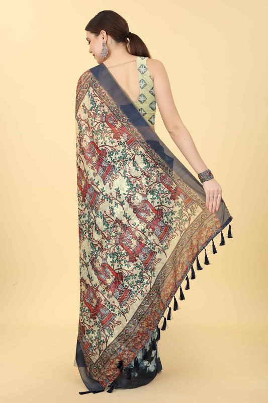 Blue Cotton Blend Printed Kalamkari Saree with Unstitched Blouse - Hiral Fashion | Grocsy