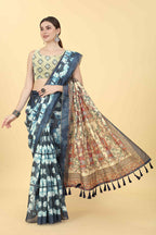 Blue Cotton Blend Printed Kalamkari Saree with Unstitched Blouse - Hiral Fashion | Grocsy