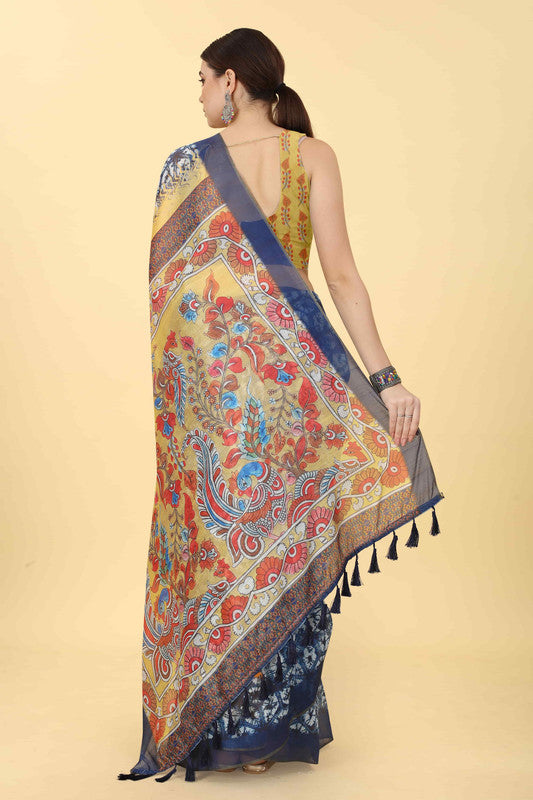 Blue Cotton Blend Printed Kalamkari Saree with Unstitched Blouse - Hiral Fashion | Grocsy