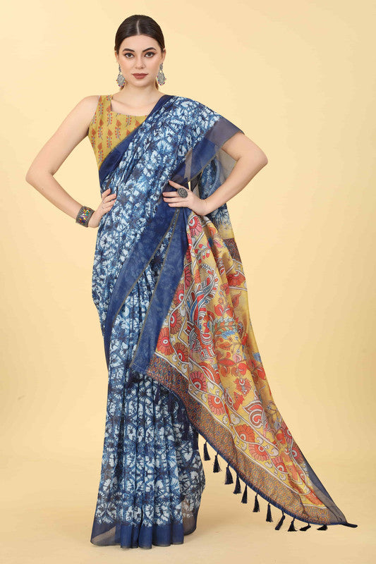 Blue Cotton Blend Printed Kalamkari Saree with Unstitched Blouse - Hiral Fashion | Grocsy