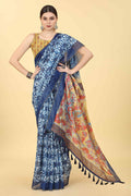 Blue Cotton Blend Printed Kalamkari Saree with Unstitched Blouse - Hiral Fashion | Grocsy