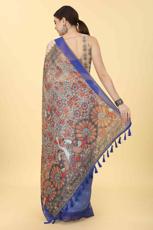 Blue Cotton Blend Printed Kalamkari Saree with Unstitched Blouse - Hiral Fashion | Grocsy