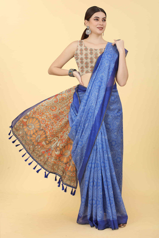 Blue Cotton Blend Printed Kalamkari Saree with Unstitched Blouse - Hiral Fashion | Grocsy