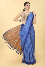 Blue Cotton Blend Printed Kalamkari Saree with Unstitched Blouse - Hiral Fashion | Grocsy