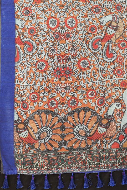 Blue Cotton Blend Printed Kalamkari Saree with Unstitched Blouse - Hiral Fashion | Grocsy