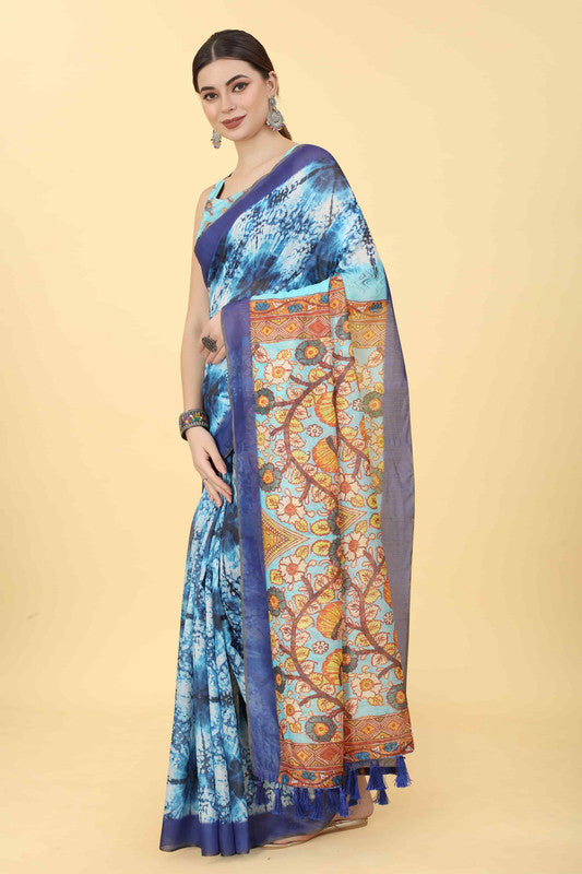 Blue Cotton Blend Printed Kalamkari Saree with Unstitched Blouse - Hiral Fashion | Grocsy