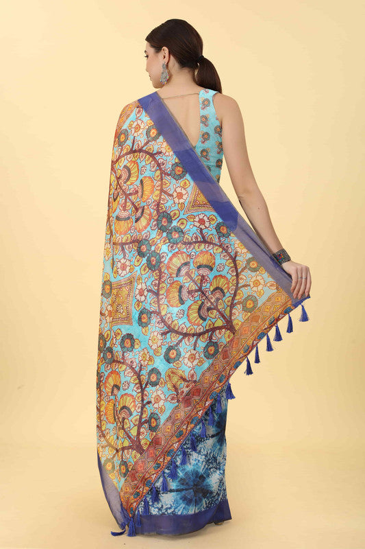 Blue Cotton Blend Printed Kalamkari Saree with Unstitched Blouse - Hiral Fashion | Grocsy