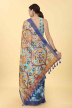 Blue Cotton Blend Printed Kalamkari Saree with Unstitched Blouse - Hiral Fashion | Grocsy