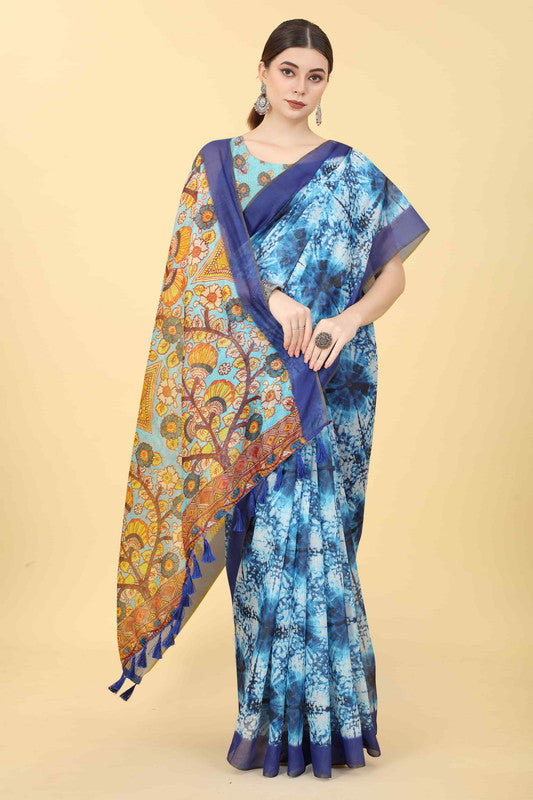 Blue Cotton Blend Printed Kalamkari Saree with Unstitched Blouse - Hiral Fashion | Grocsy