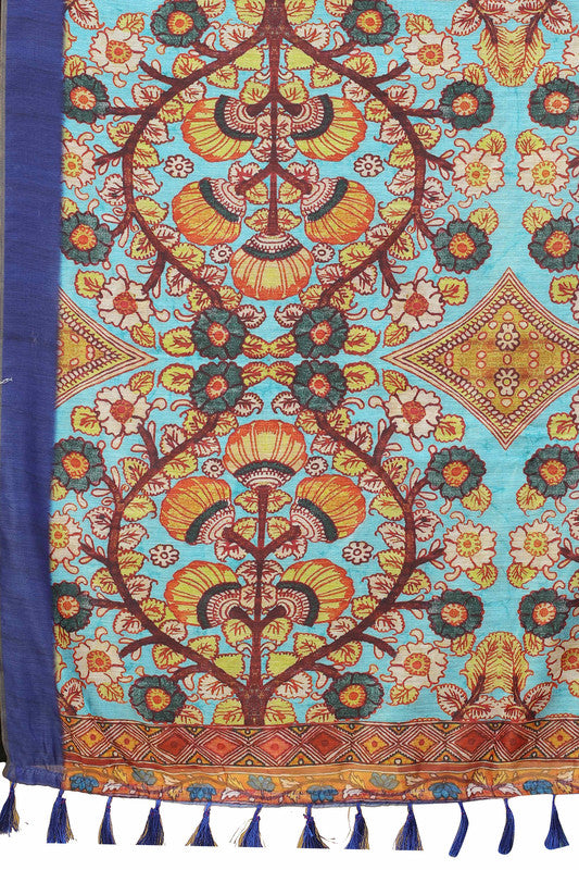 Blue Cotton Blend Printed Kalamkari Saree with Unstitched Blouse - Hiral Fashion | Grocsy