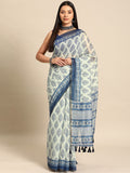 Blue Cotton Blend Printed Dabu Saree with Unstitched Blouse - Hiral Fashion | Grocsy