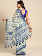 Blue Cotton Blend Printed Dabu Saree with Unstitched Blouse - Hiral Fashion | Grocsy