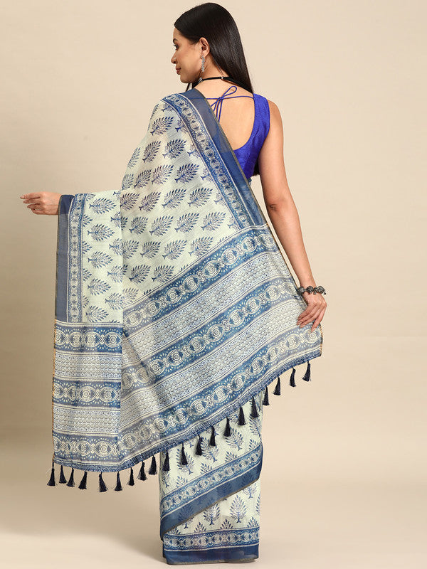 Blue Cotton Blend Printed Dabu Saree with Unstitched Blouse - Hiral Fashion | Grocsy