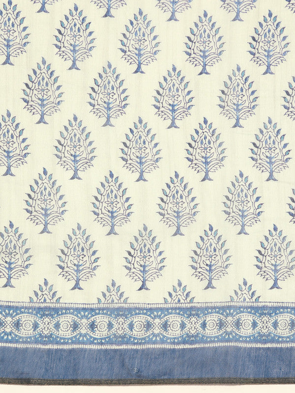Blue Cotton Blend Printed Dabu Saree with Unstitched Blouse - Hiral Fashion | Grocsy