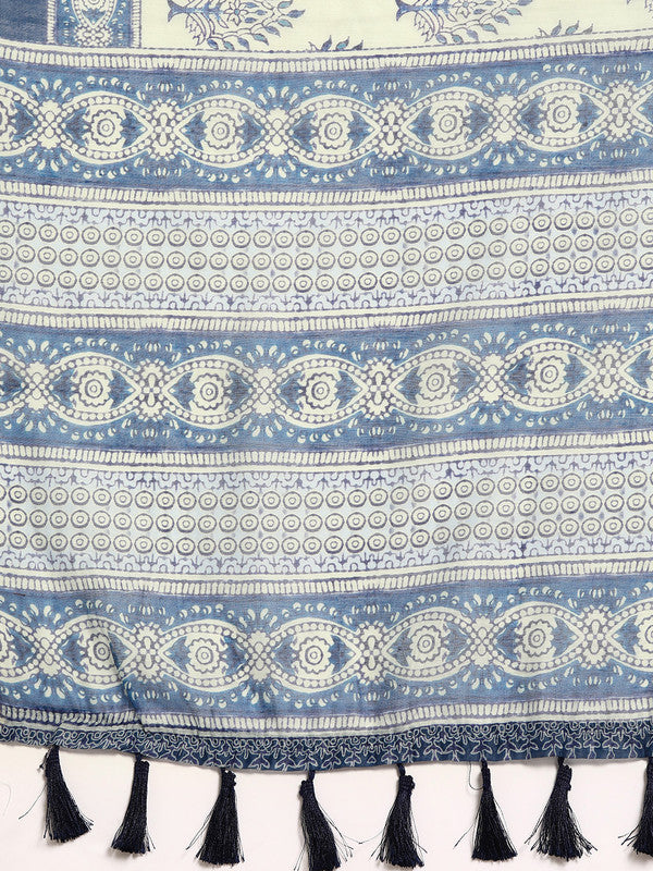 Blue Cotton Blend Printed Dabu Saree with Unstitched Blouse - Hiral Fashion | Grocsy