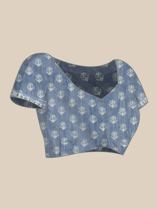 Blue Cotton Blend Printed Dabu Saree with Unstitched Blouse - Hiral Fashion | Grocsy