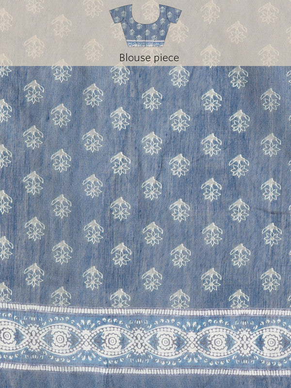 Blue Cotton Blend Printed Dabu Saree with Unstitched Blouse - Hiral Fashion | Grocsy