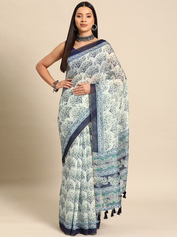 Blue Cotton Blend Printed Dabu Saree with Unstitched Blouse - Hiral Fashion | Grocsy