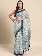 Blue Cotton Blend Printed Dabu Saree with Unstitched Blouse - Hiral Fashion | Grocsy