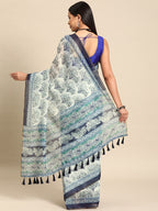 Blue Cotton Blend Printed Dabu Saree with Unstitched Blouse - Hiral Fashion | Grocsy