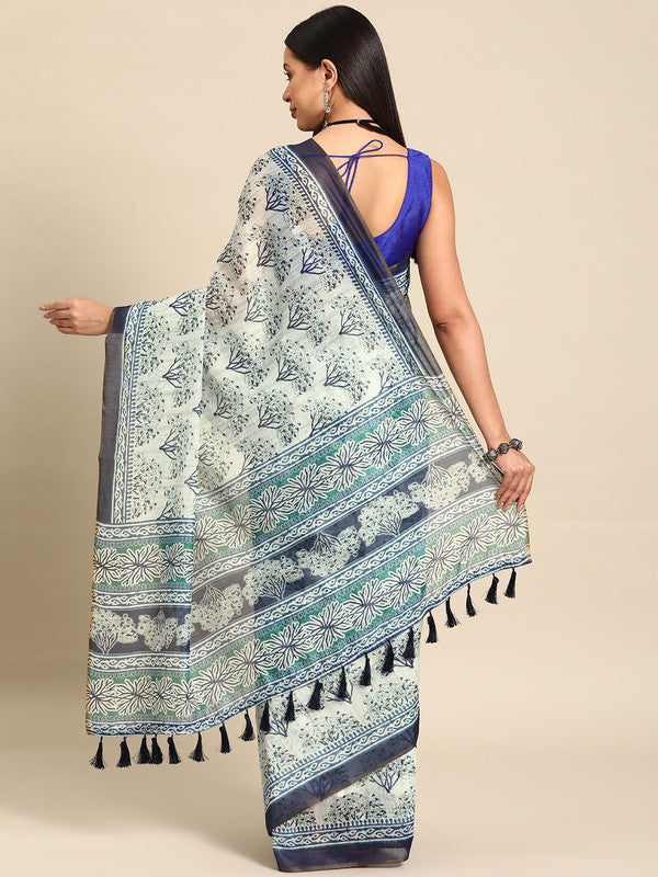 Blue Cotton Blend Printed Dabu Saree with Unstitched Blouse - Hiral Fashion | Grocsy